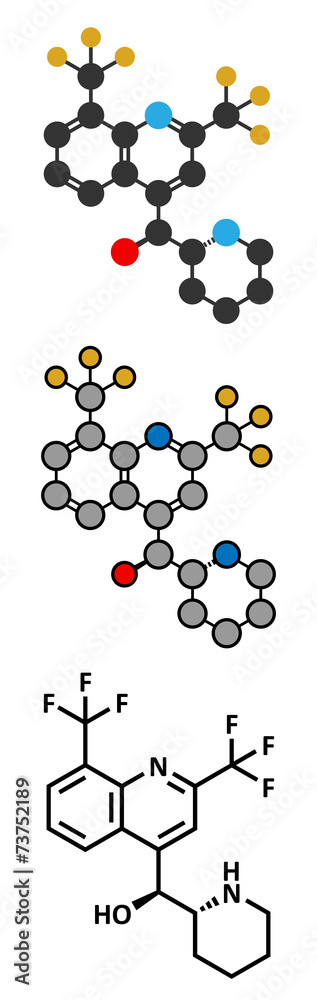 Mefloquine malaria drug molecule. Mefloquine malaria drug molecule.