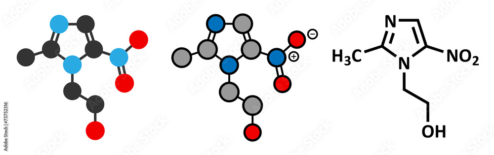 Metronidazole antibiotic drug (nitroimidazole class) molecule. Metronidazole antibiotic drug (nitroimidazole class) molecule.