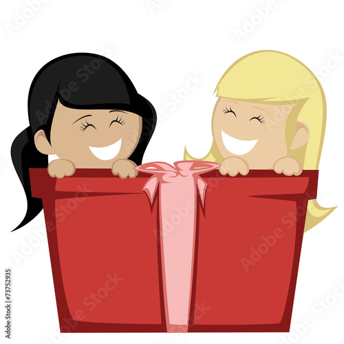 Big box surprise - Two little girl smiling with a big gift box.