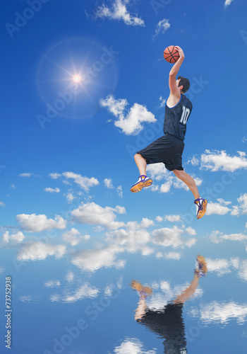 basketball player in the sun reflected in the water
