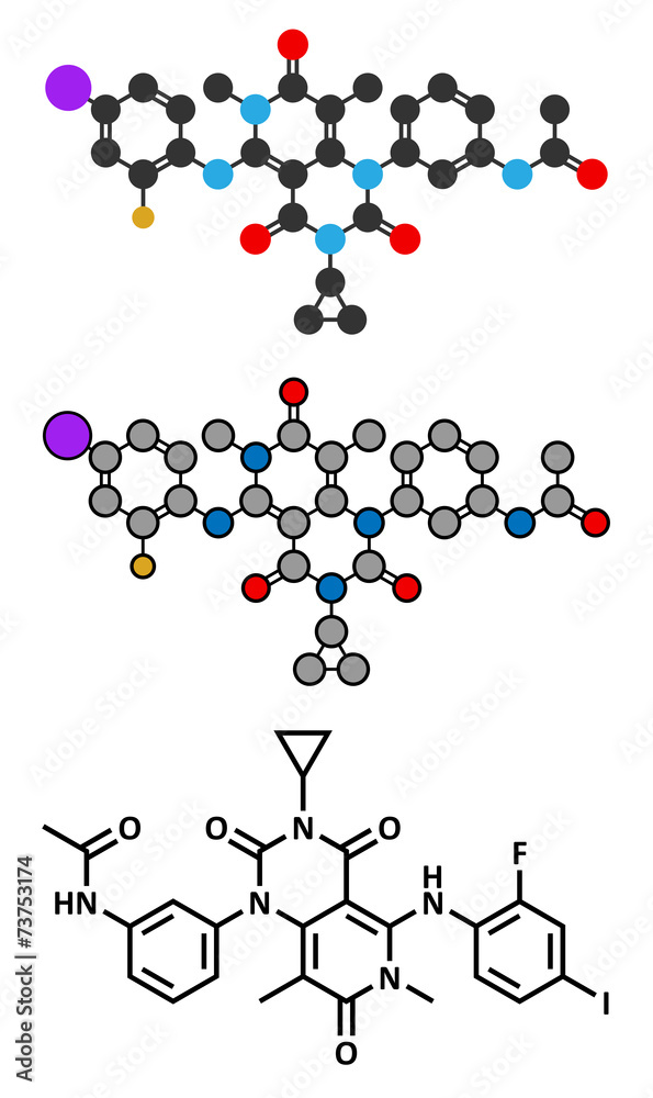 Trametinib melanoma cancer drug molecule. Trametinib melanoma cancer drug molecule.