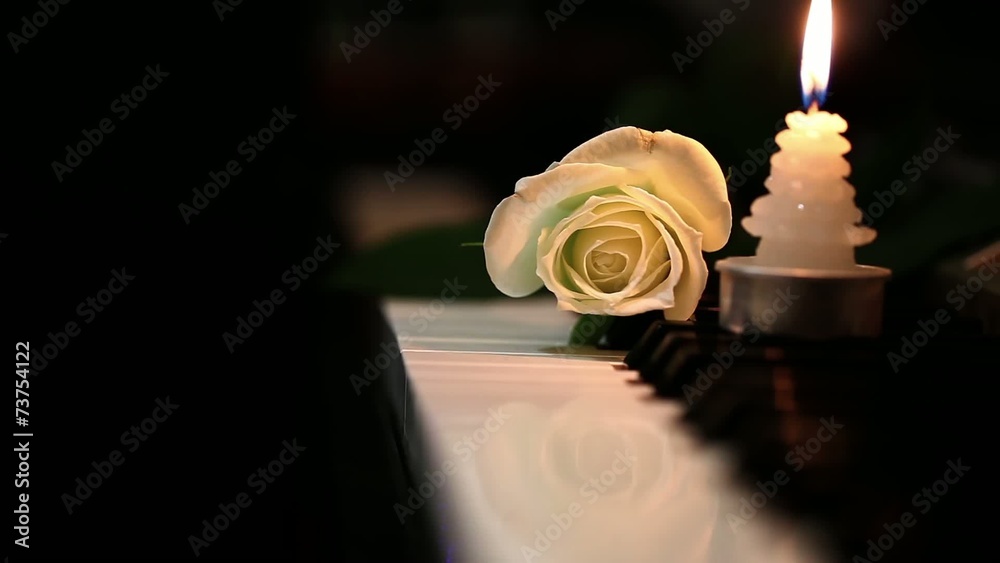 White Rose and Candleon Piano Keys