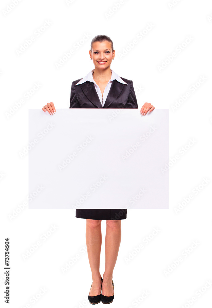 Happy smiling business woman showing blank signboard Happy smiling business woman showing blank signboard