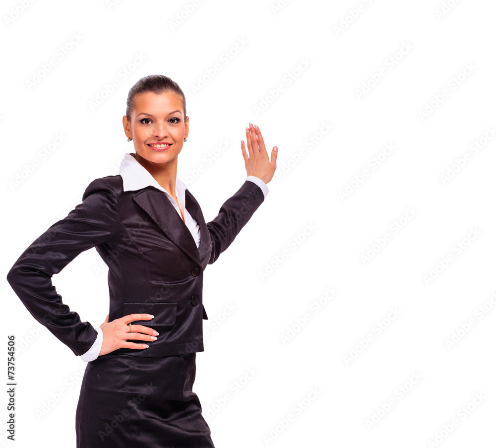 Happy smiling business woman showing blank signboard, Happy smiling business woman showing blank signboard,