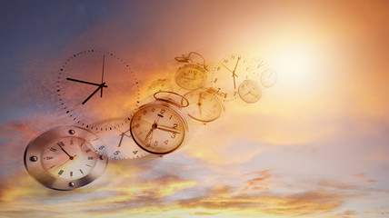 Clocks in sky. Time flies. Daylight saving