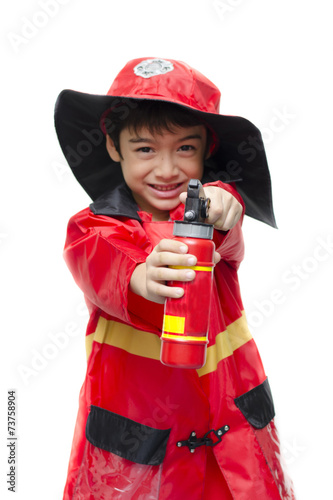 Little boy pretend as a fire fighter on white background