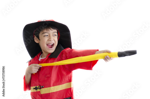 Little boy pretend as a fire fighter on white background