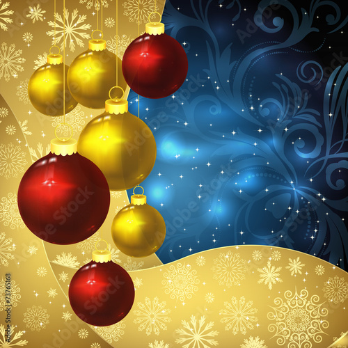 Glass balls, golden snowflakes.