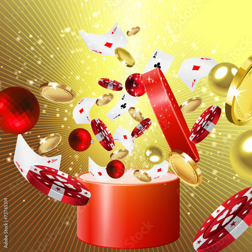 Christmas gift with balls, casino  chips and coins