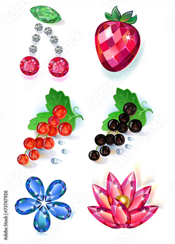 Fototapeta Naklejka Na Ścianę i Meble -  Fruit flowers colored gems brooches set