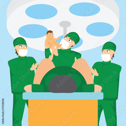 obstetrician team and doctor holding a baby in the delivery room