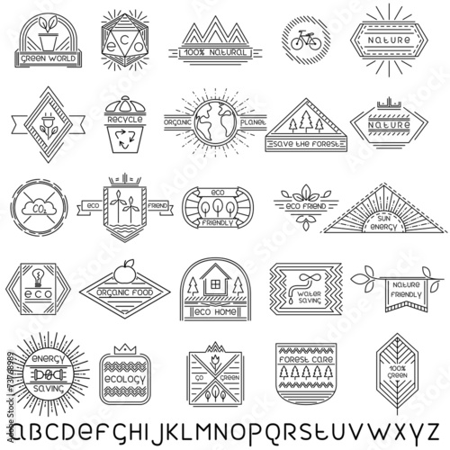 Set of 25 linear ecology labels and linear font