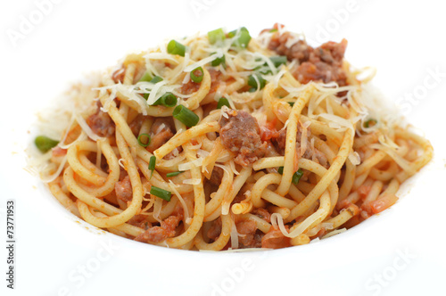 Pasta with grounded meat and cheese, close up