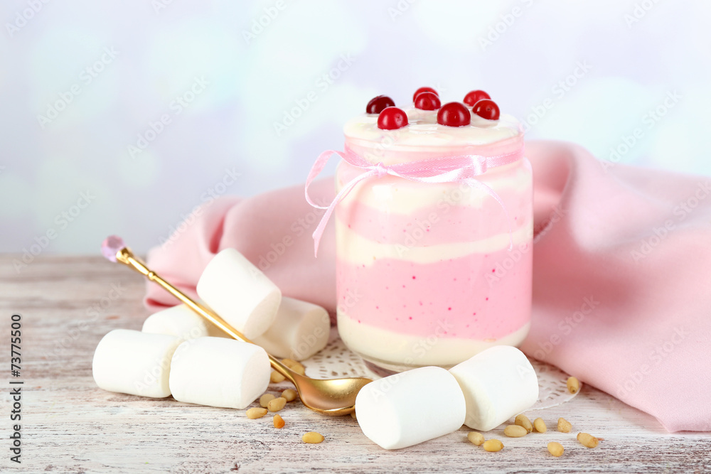 Raspberry milk dessert in glass jar, Raspberry milk dessert in glass jar,