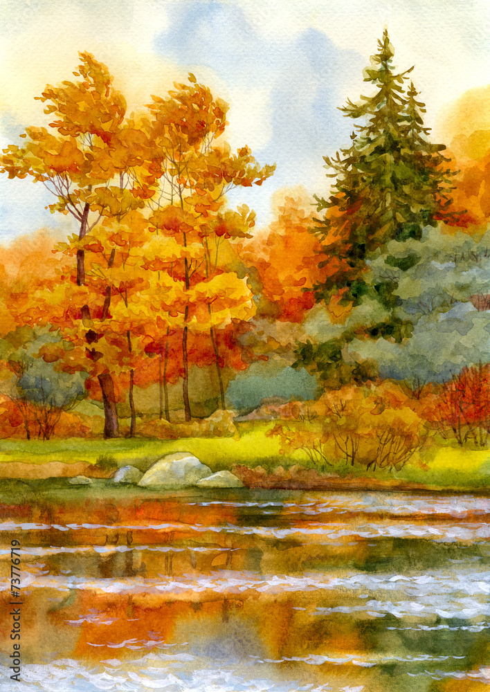 Fototapeta premium Autumnal forest on the lake