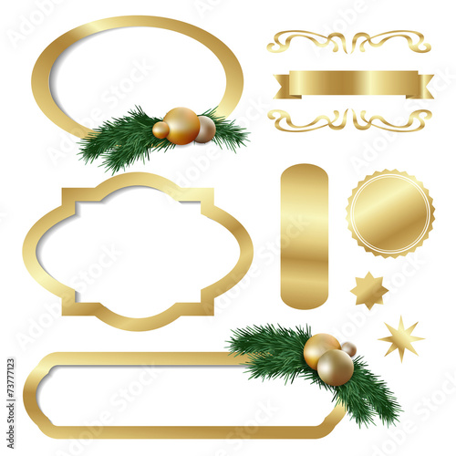 Set of gold luxury labels, frames, stars, balls, vector