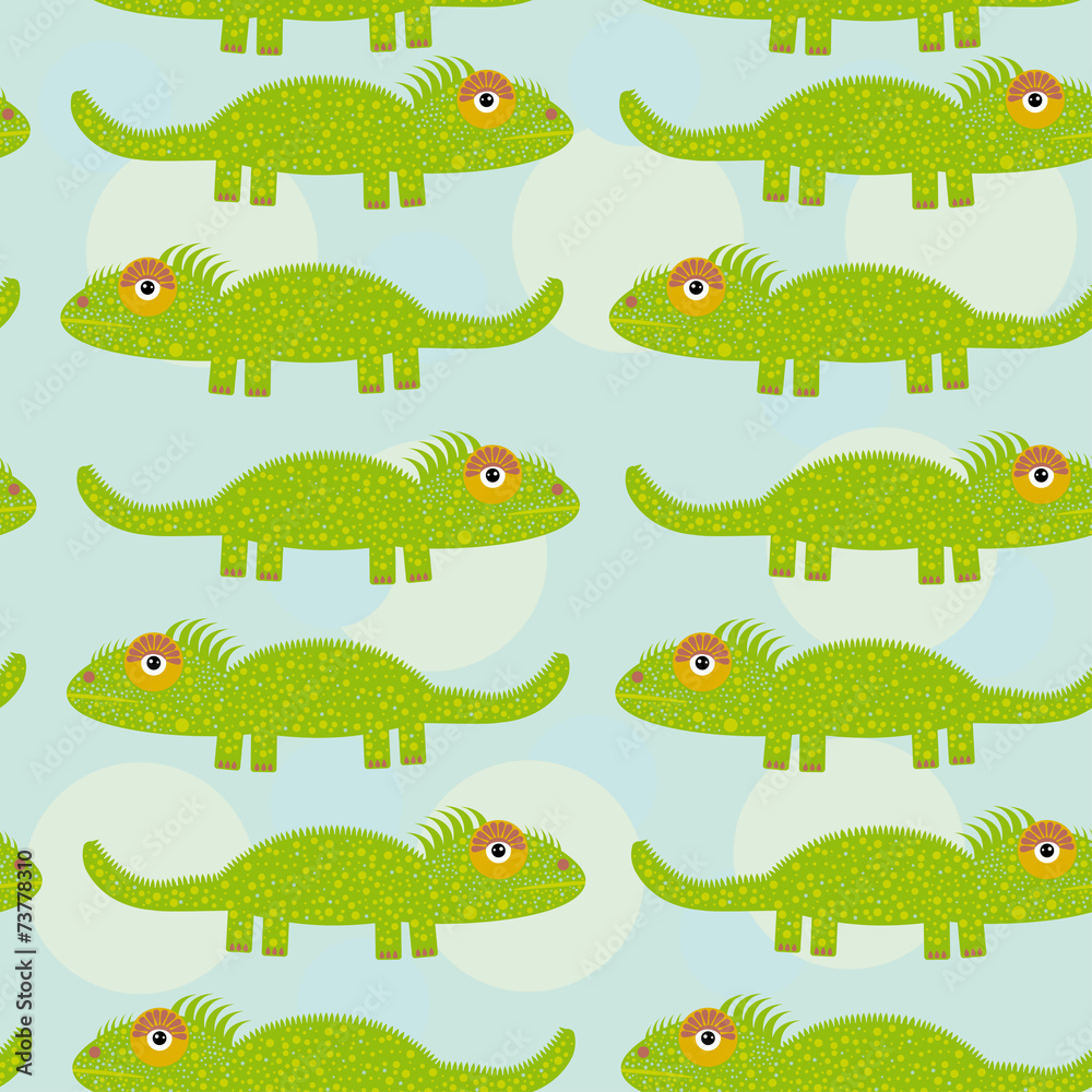 Obraz premium Funny green iguana Seamless pattern with cute animal on a blue