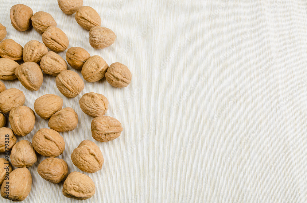 walnut on table cloth, close up walnut on table cloth, close up