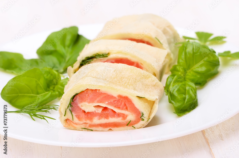Lavash rolls with salmon, cheese and herbs