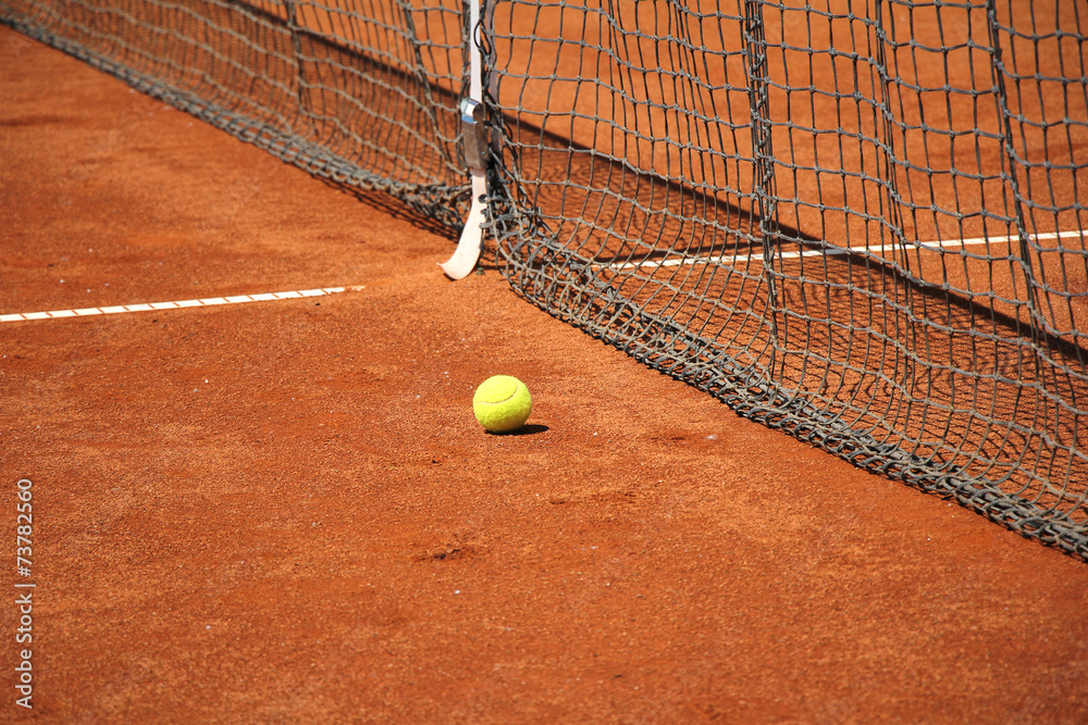 Tennis ball in front of the net
