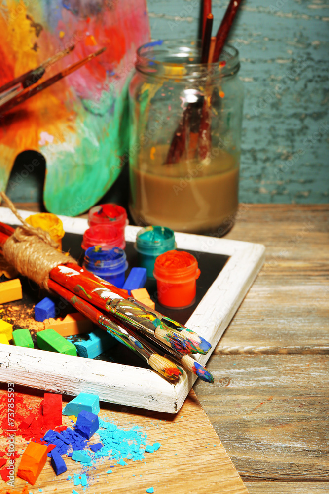 Beautiful still life with professional art materials, close up Beautiful still life with professional art materials, close up