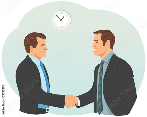 Two smiling businessman in suits is handshaking