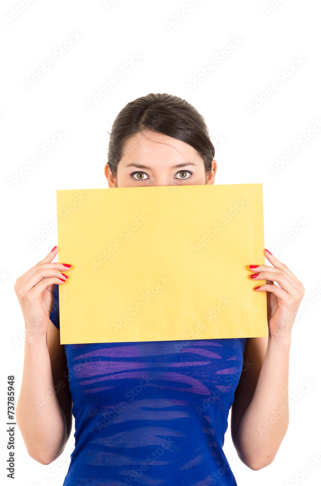 beautiful young woman holding yellow blank sign card beautiful young woman holding yellow blank sign card