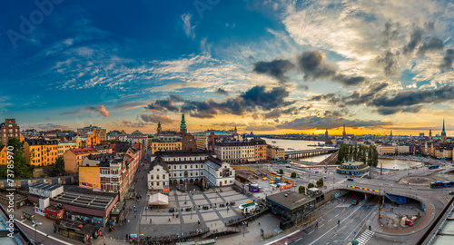 Canvas Print Scenic summer night panorama of  Stockholm, Sweden