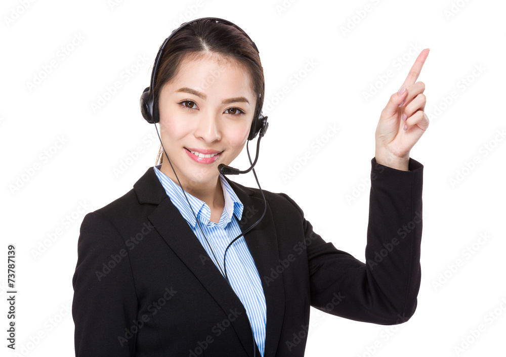 Customer services operator and finger point up Customer services operator and finger point up