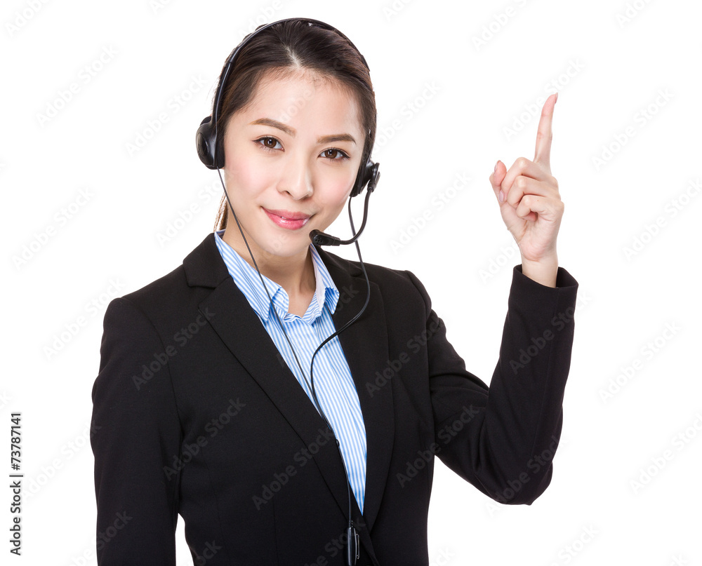 Customer services representative and finger point up Customer services representative and finger point up