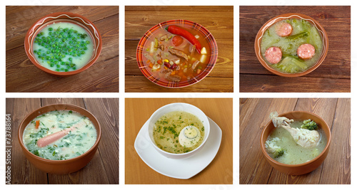 Food set of different traditional soups.