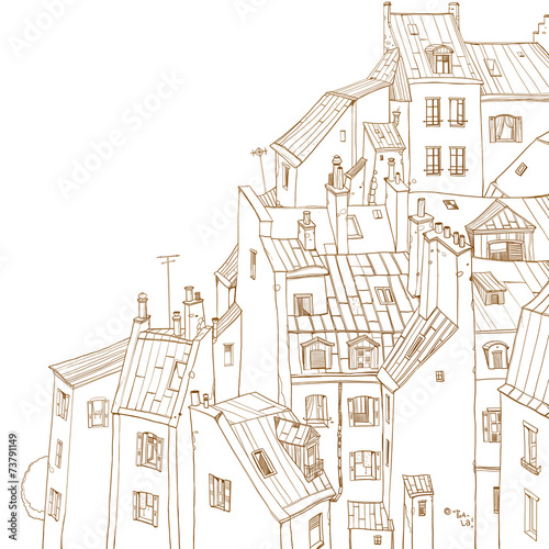 Photography Roofs of Paris, view from above, outline drawing