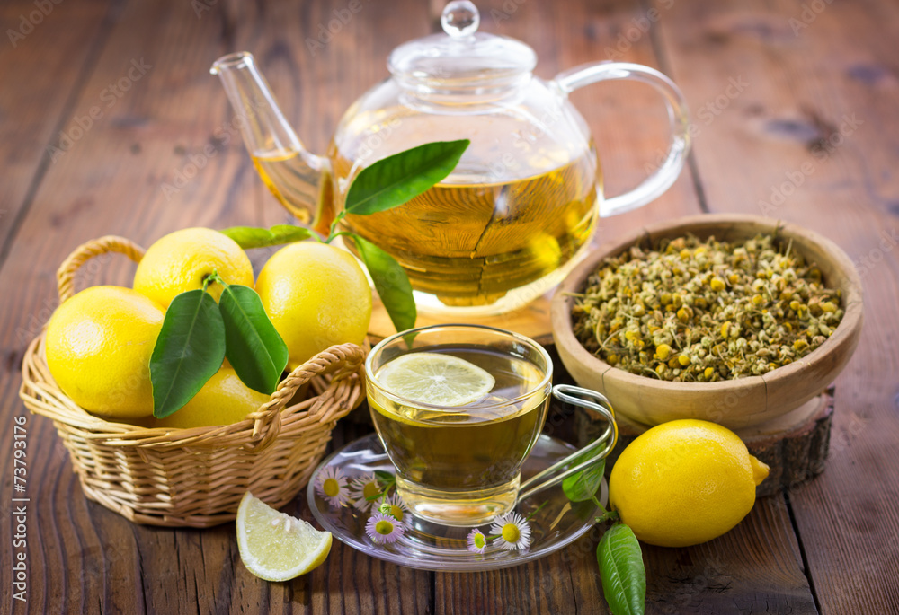 Hot chamomile tea with lemon