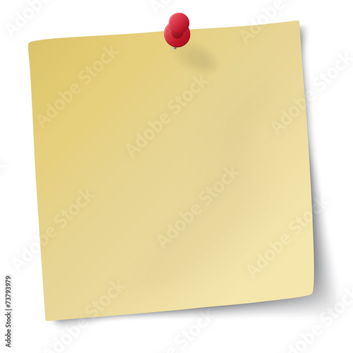 Yellow sticky note with drawing-pin isolated