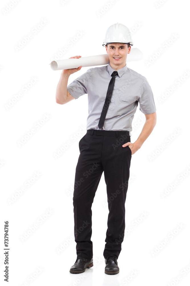 Architect posing with paper roll Architect posing with paper roll