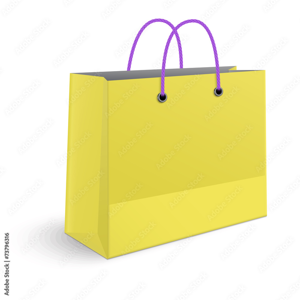 Classic shopping yellow bag with violet grips isolated Classic shopping yellow bag with violet grips isolated