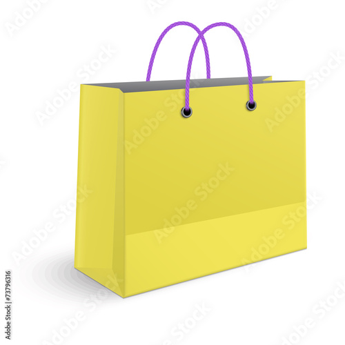 Classic shopping yellow bag with violet grips isolated