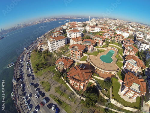 Photography Birds eye view of luxury houses and a swimming pool