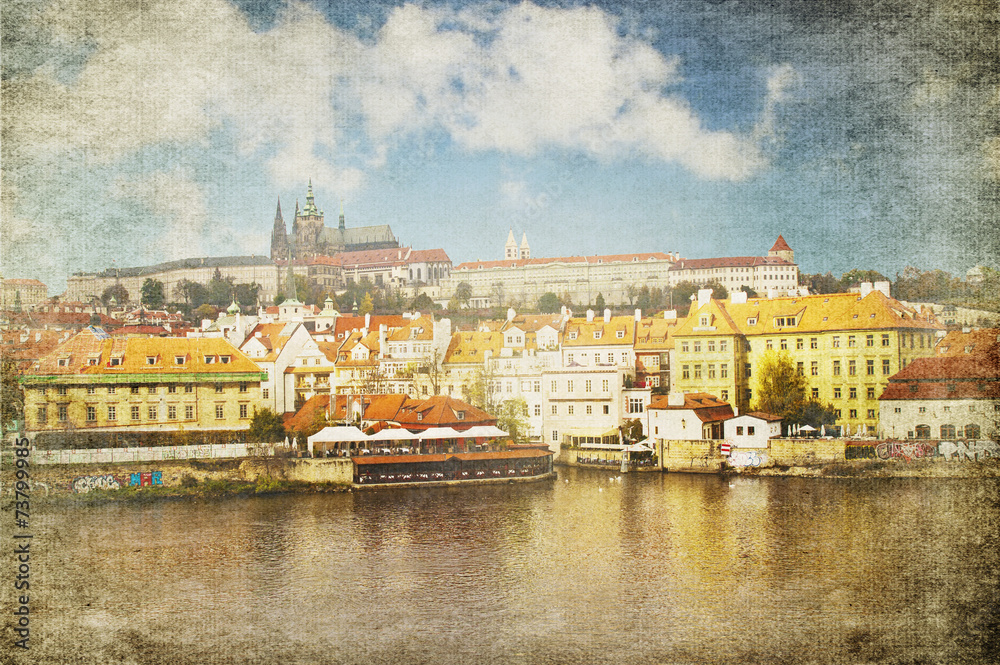 Vintage card of Prague landscape and the Vltava river