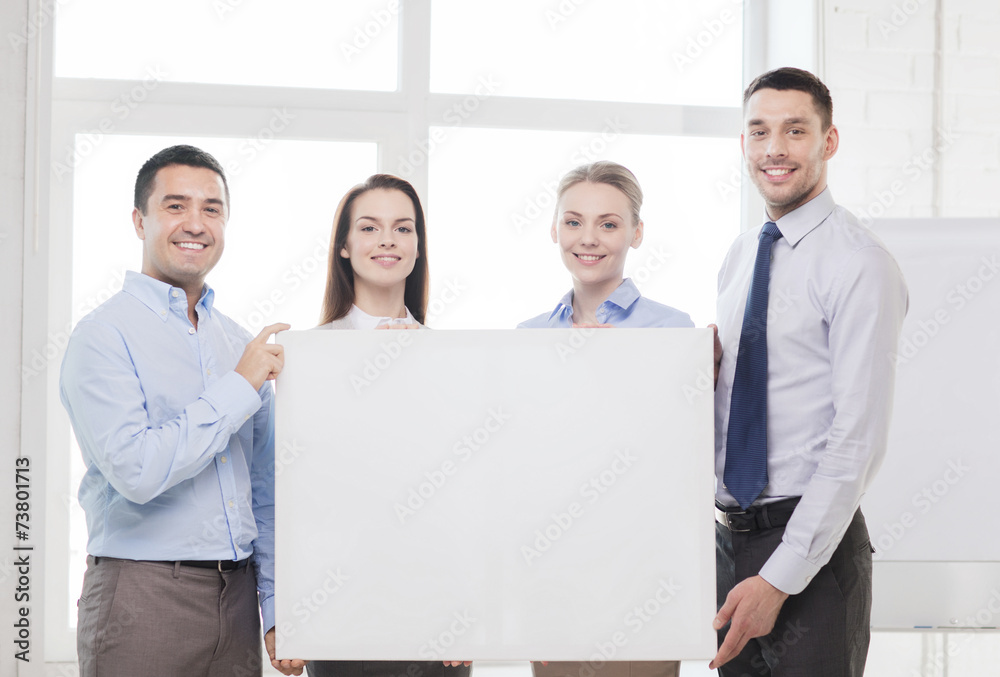 business team in office with white blank board business team in office with white blank board
