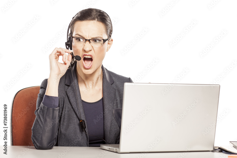 angry girl with headset, a quarrel with someone angry girl with headset, a quarrel with someone