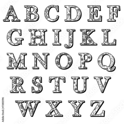 Alphabet with letters patterned in antique style