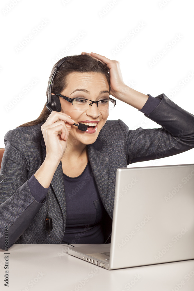 positive girl with headset happy talking to someone positive girl with headset happy talking to someone