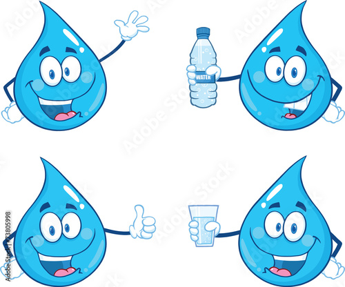 Blue Water Drop Character In Different Poses 1. Collection Set