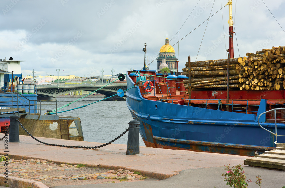 Cargo ship waiting for bridge opening. St.-Petersburg, Russia