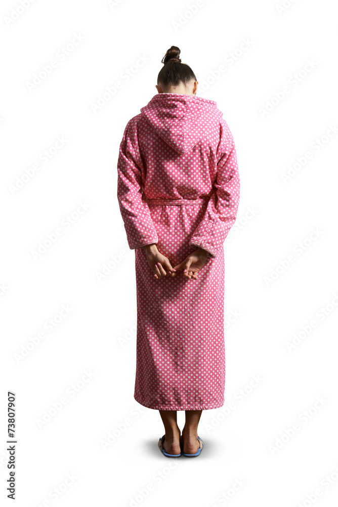 guilty woman in pink dressing gown