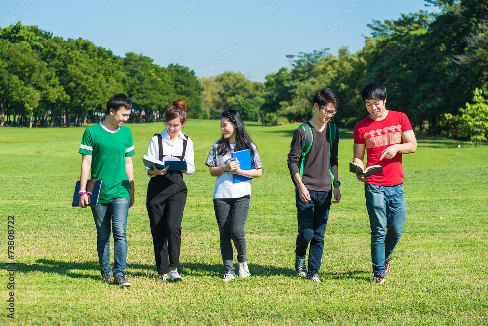 Happy group of students walking and talking at the park Happy group of students walking and talking at the park