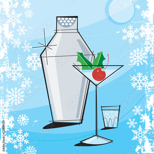 Retro-stylized Holiday Martini with grunge snowflake frame.
