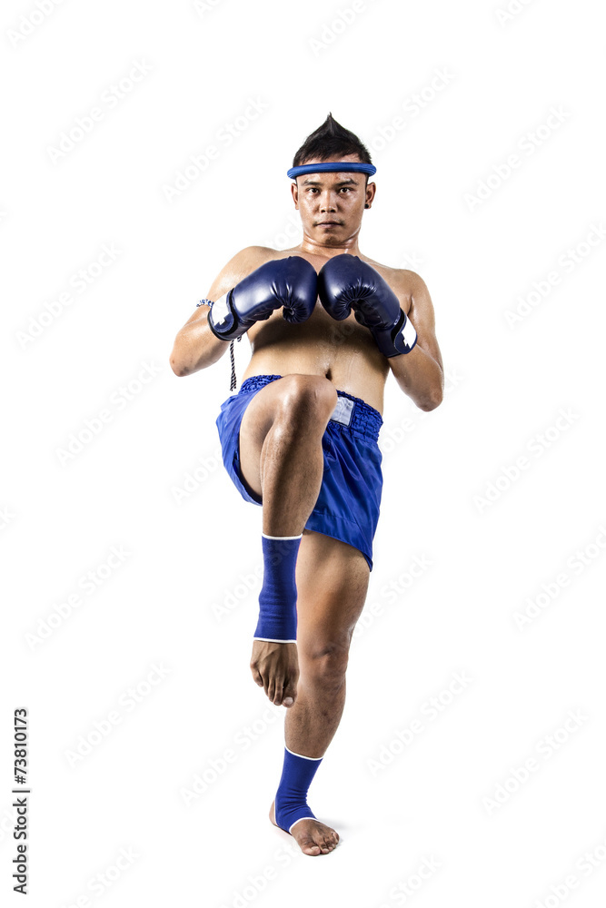 Muay thai, Asian man exercising thai boxing isolated on white Muay thai, Asian man exercising thai boxing isolated on white