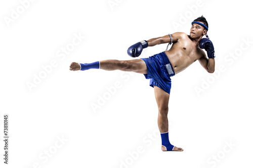 Muay thai, Asian man exercising thai boxing isolated on white